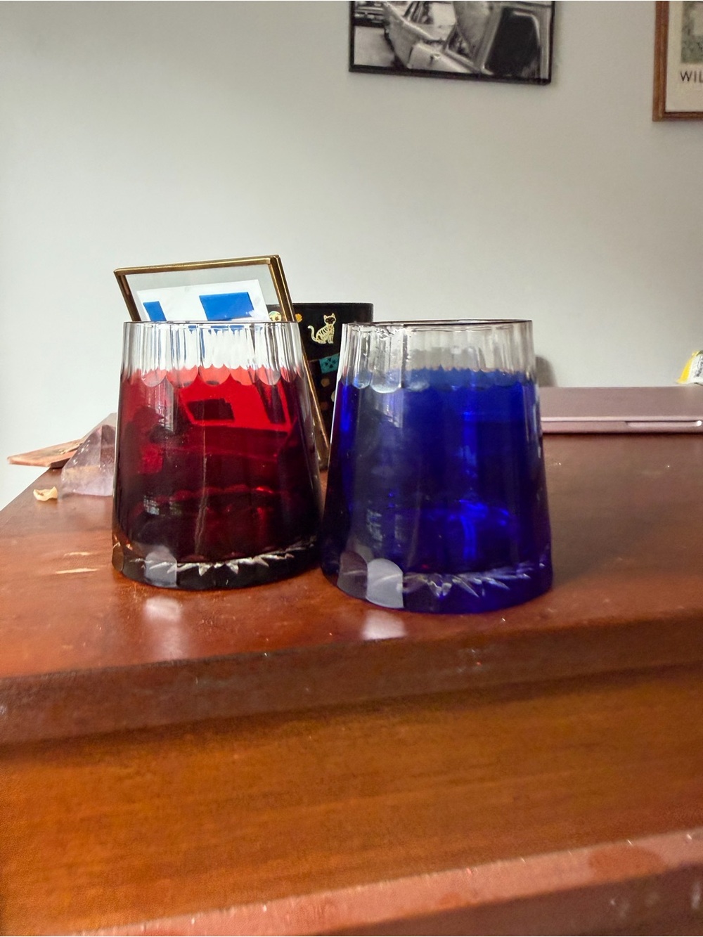 Japanese Red and Blue Cut Glass Tumblers - Set of 2